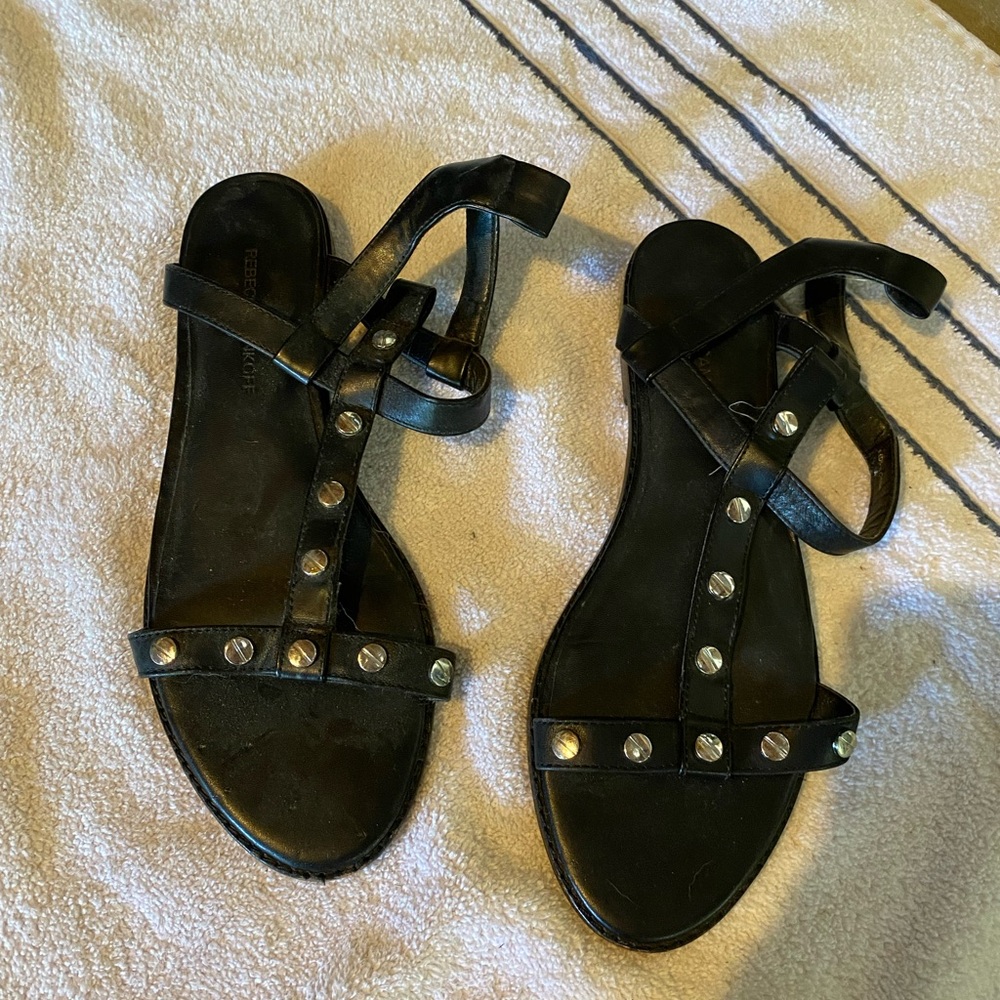 Rebecca Minkoff Black Studded T-Strap Sandals